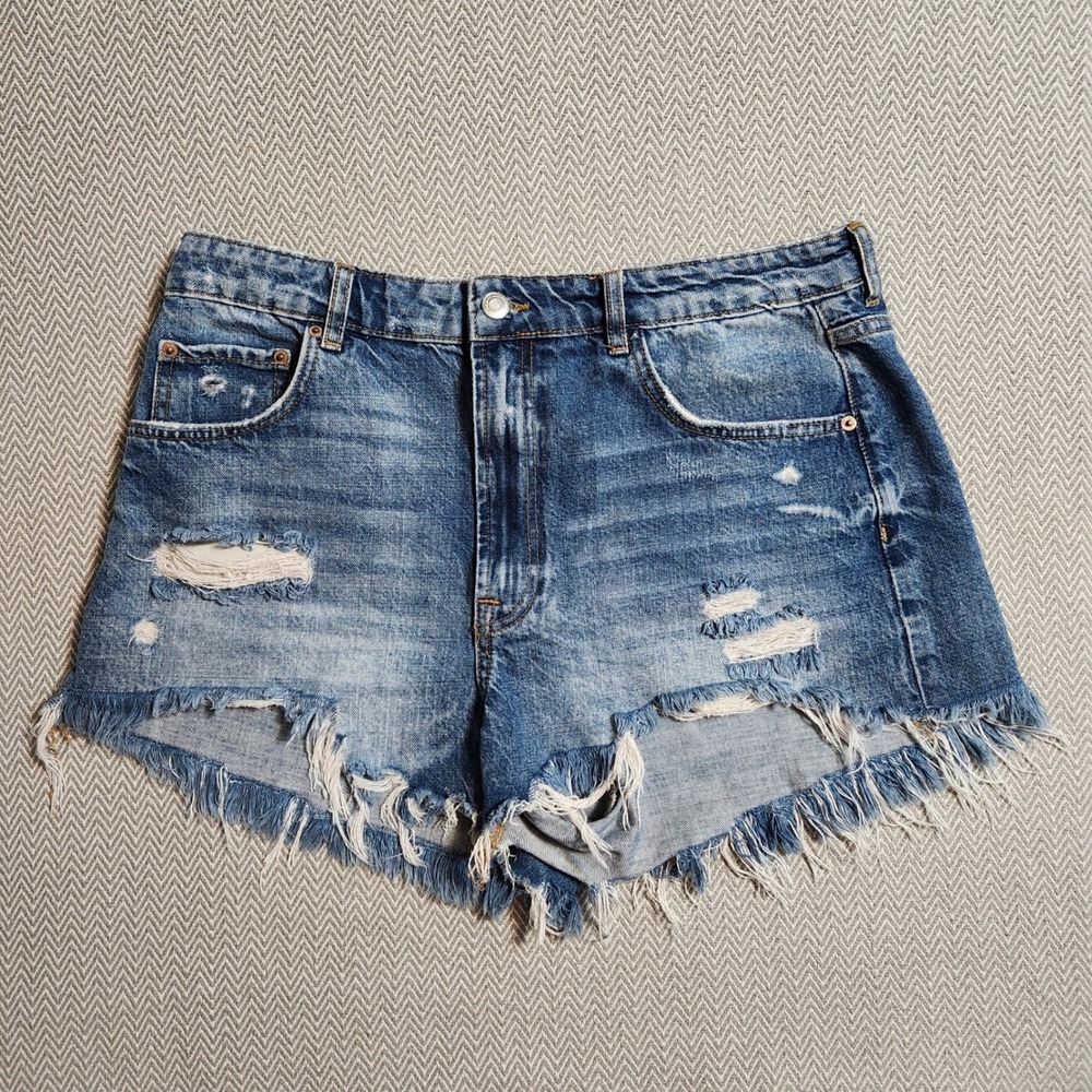 Zara The High Waist Short Distressed Denim Cut Offs Blue Size 12 6840/059